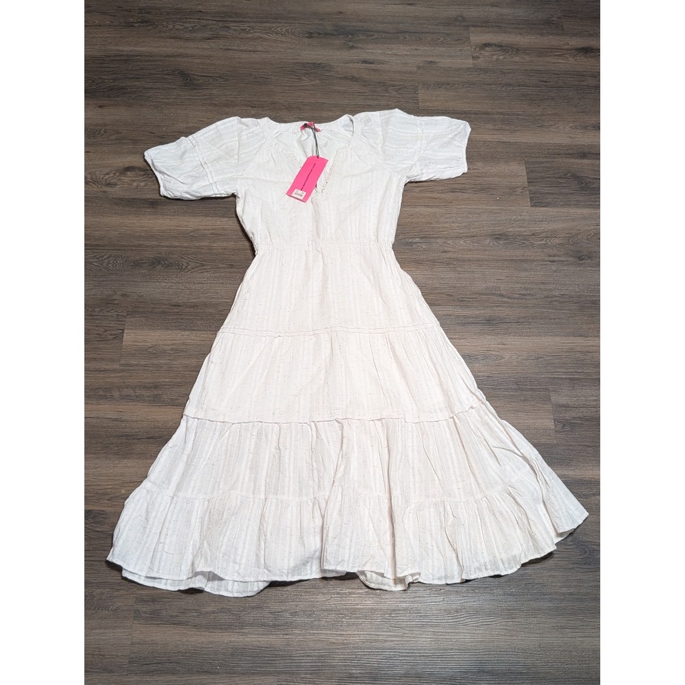 Betsey Johnson Snow White Confetti Tiered Maxi Dress Puff Sleeve V-Neck NWT‎ M